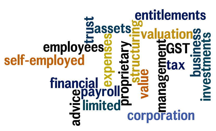 business, corporation, trust, self-employed, tax, GST, payroll, employees, assets, expenses, financial, payroll advice, proprietary limited, structuring advice, valuation, entitlements, investments, value